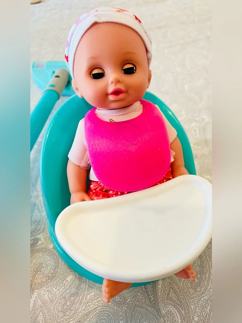 Baby Doll with Bright Pink Silicone Bib and Teal Seat & doll vacuum furniture